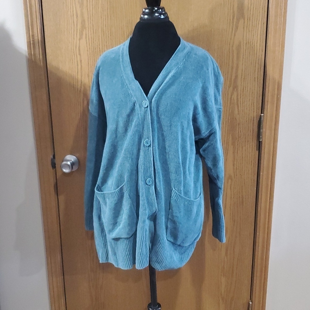 Eileen fisher soft ribbed cardigan teal green big pockets